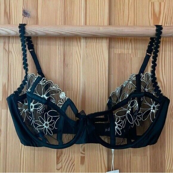 NWT FOR LOVE & LEMONS EMBROIDERED FLORAL MESH UNDERWIRE BRA IN NOIR SIZE 38C - Picture 1 of 4